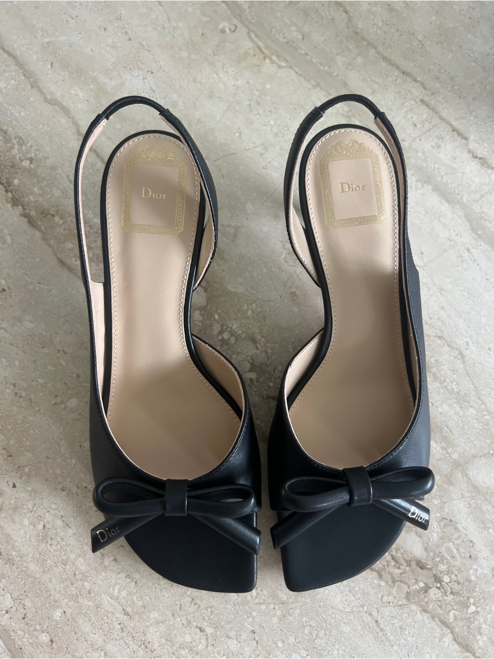 Dior Black Leather Slingback Bow Kitten Heels